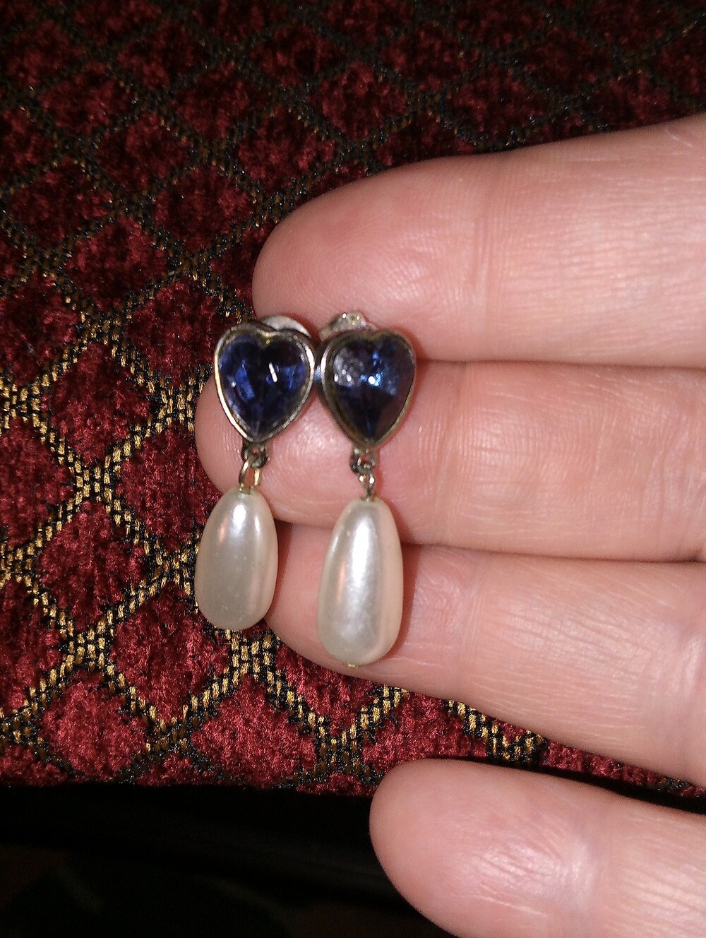 Source Unknown Navy Heart and Pearl Drop Earrings